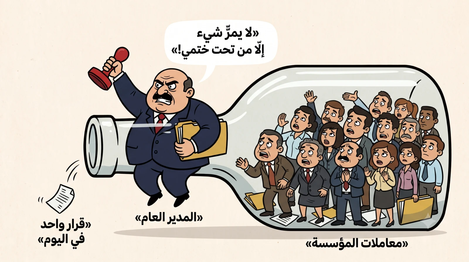 Cartoon of the administrative bottleneck — a general manager plugs the neck of a bottle with his own body, raising his approval stamp, while the institution's paperwork piles up behind him and only one decision leaves per day.