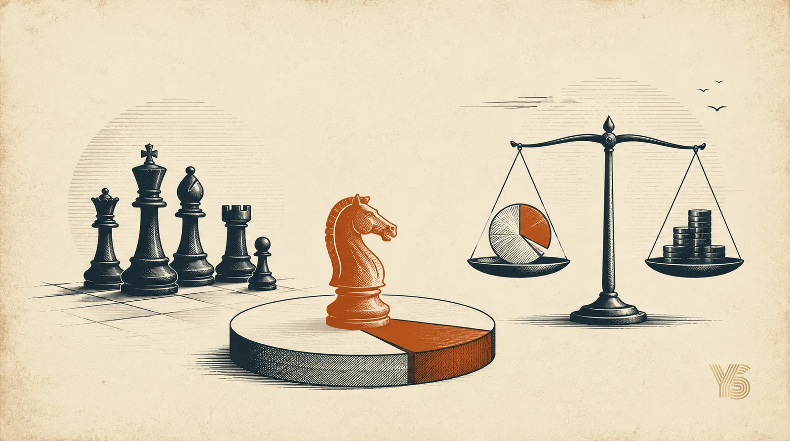Editorial illustration of a terracotta chess knight on a pie-chart slice beside a balance scale, representing fractional CMO cost weighed against value in 2026.