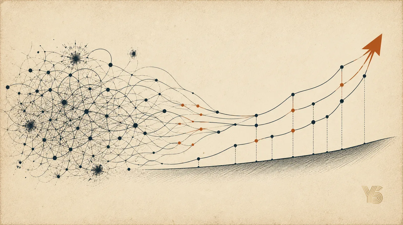 Illustration of a tangled network resolving into ordered rising lines, mapping the shift from conflict systems to growth strategy.