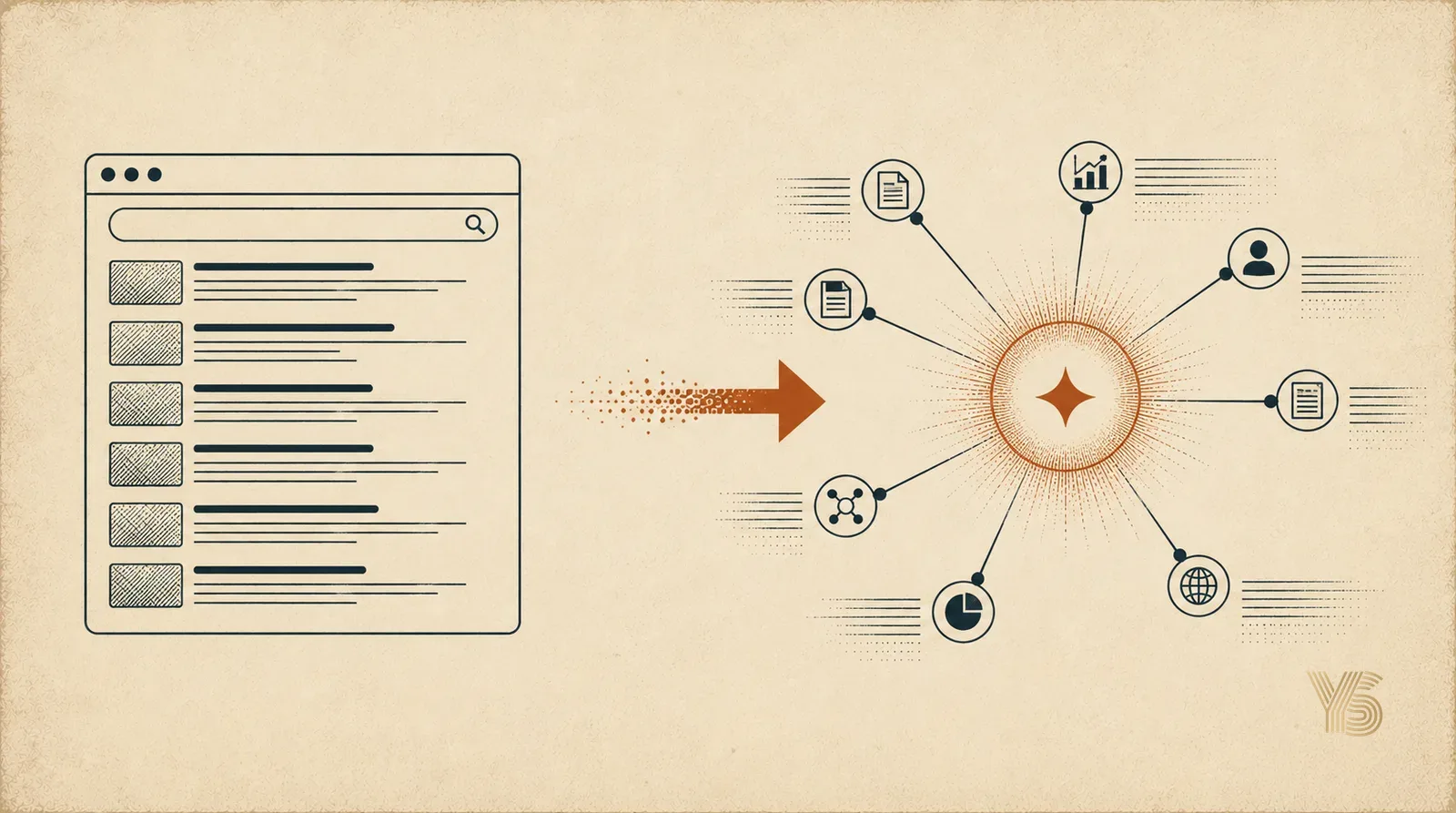 Diagram contrasting a traditional SEO search-results page with a GEO-style AI engine radiating cited answers, explaining the difference between SEO and GEO.