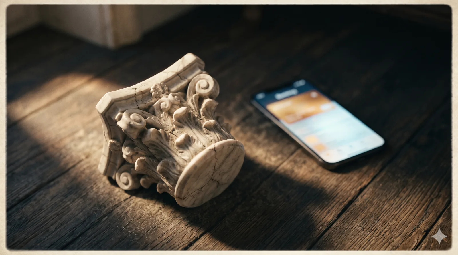 A cracked marble capital from a classical column rests beside a glowing smartphone — yesterday's monument to institutional trust, displaced by today's frictionless interface.